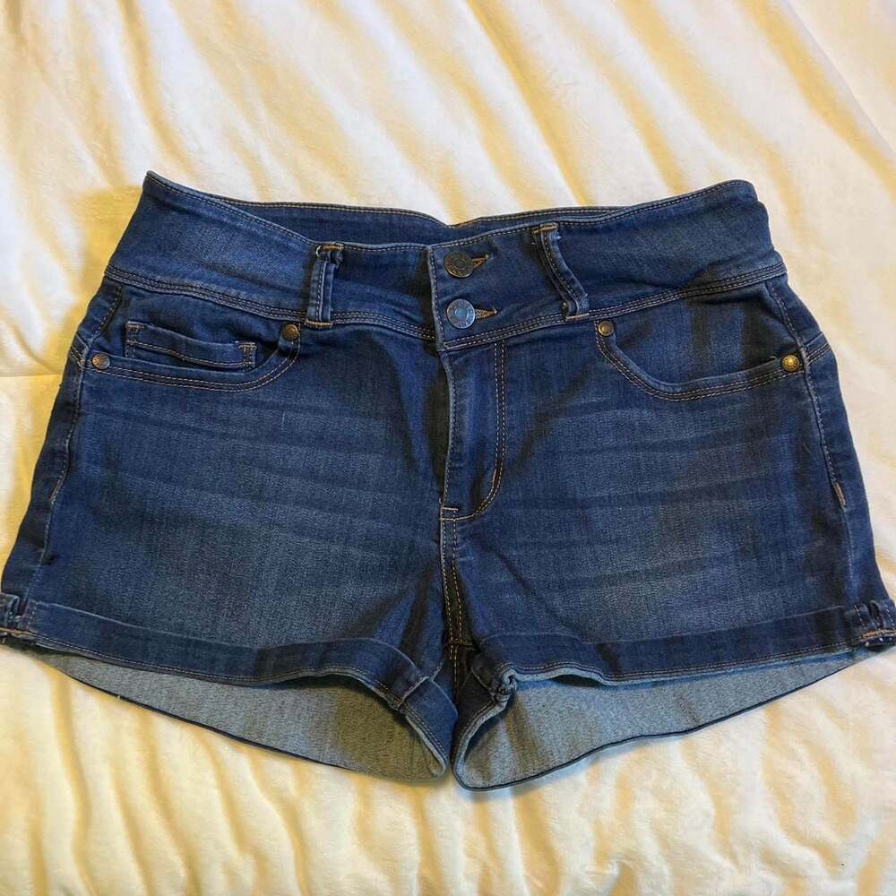 GUESS Double Button Dark Wash Denim Mini Shorts
